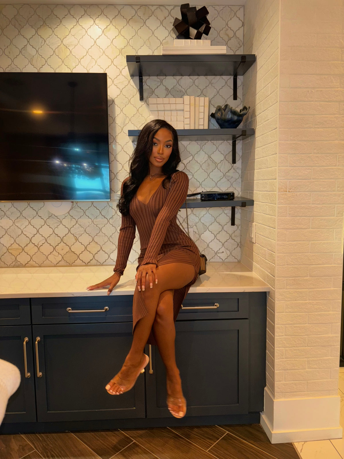 Penelope Brown Ribbed Midi Dress