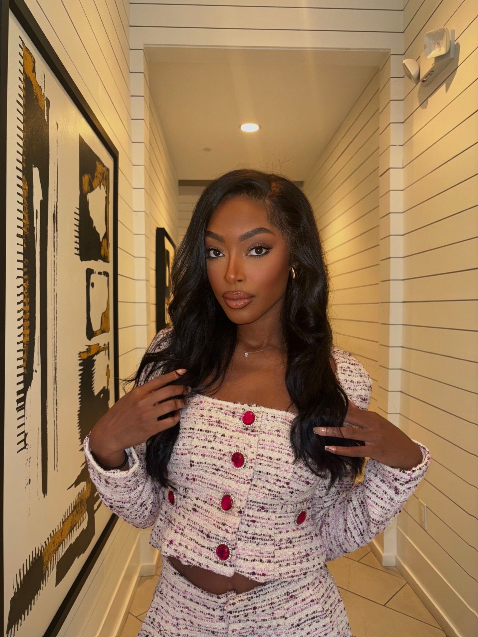 Azzurra Pink and Cream Long Sleeve Tweed Jacket