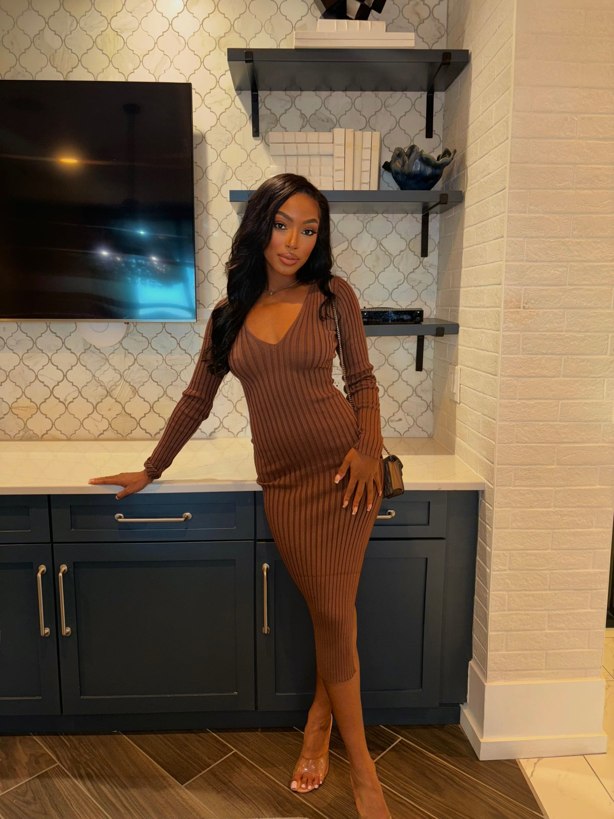 Penelope Brown Ribbed Midi Dress