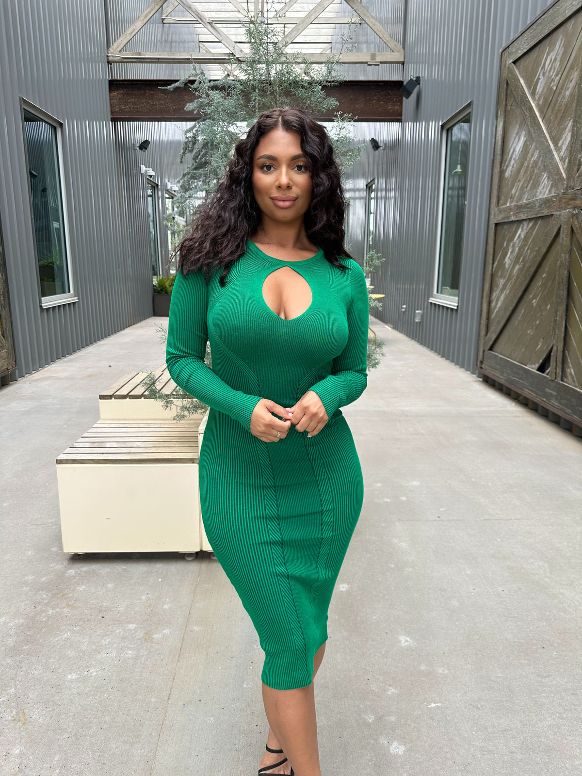 green dress knit Sun Kissed Halter Dress-Green Size medium measures 47.75 from shoulder to hem Isabella Kelly Green Knit Midi