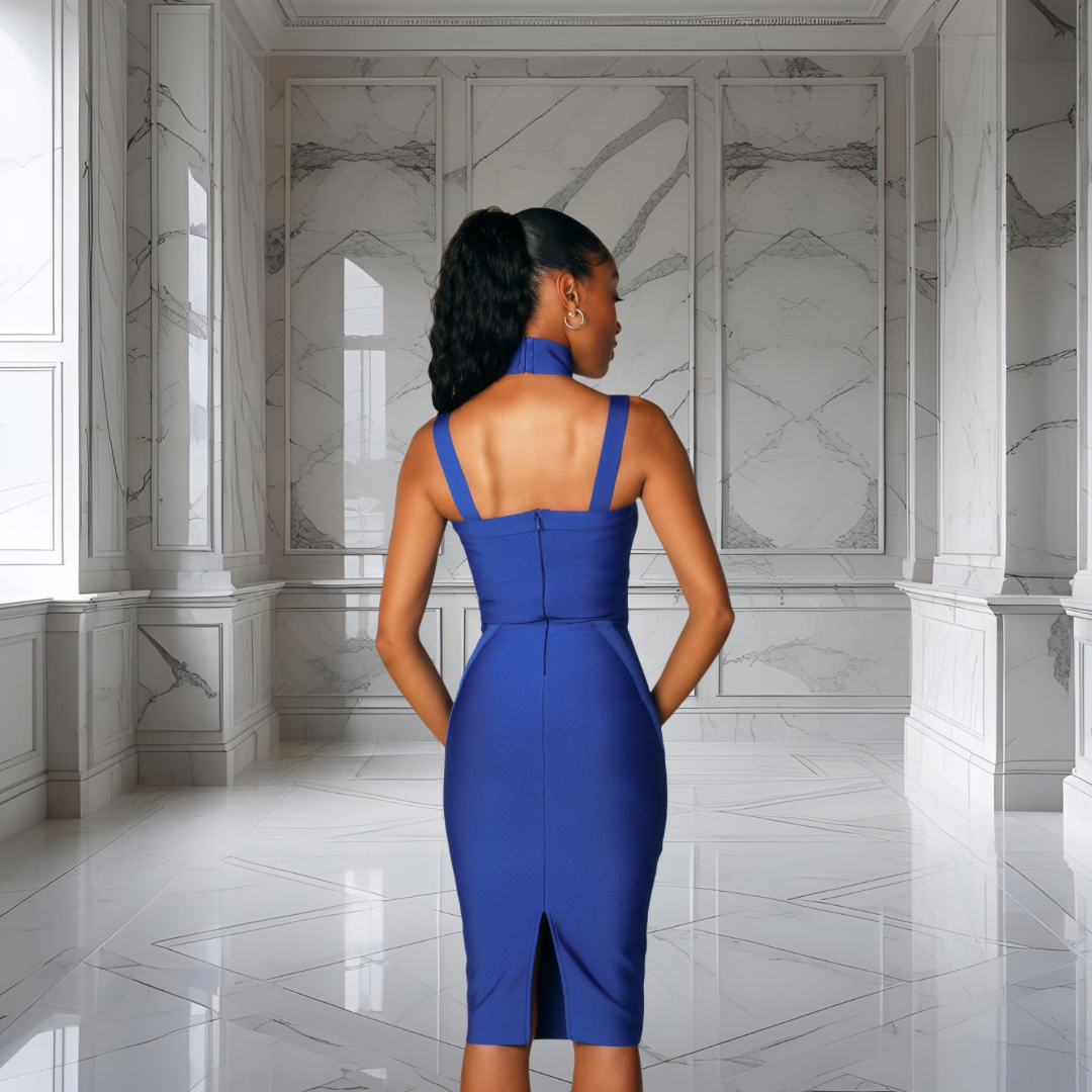 PIPPA BLUE CHOKER BANDAGE DRESS
