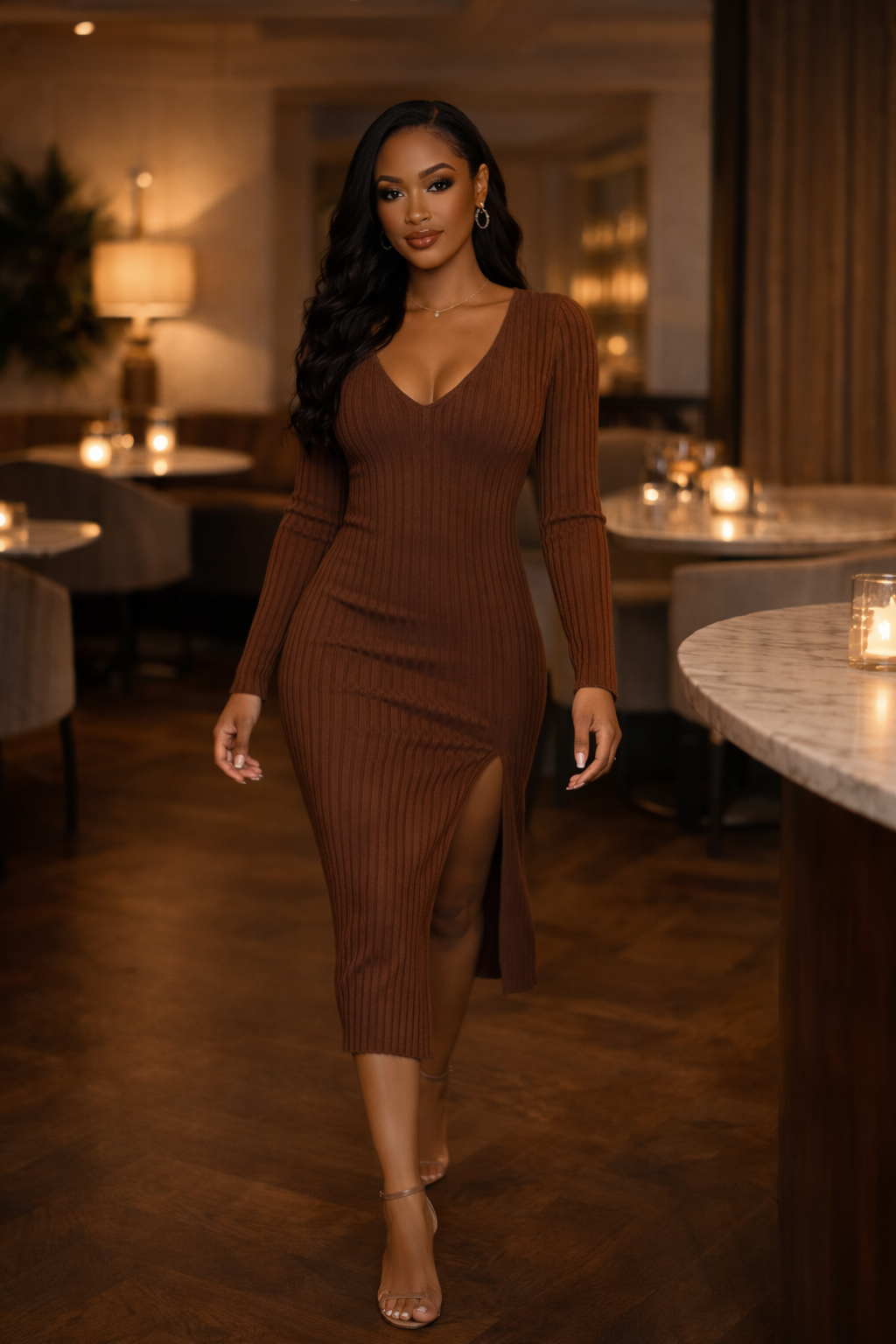 Penelope Brown Ribbed Midi Dress