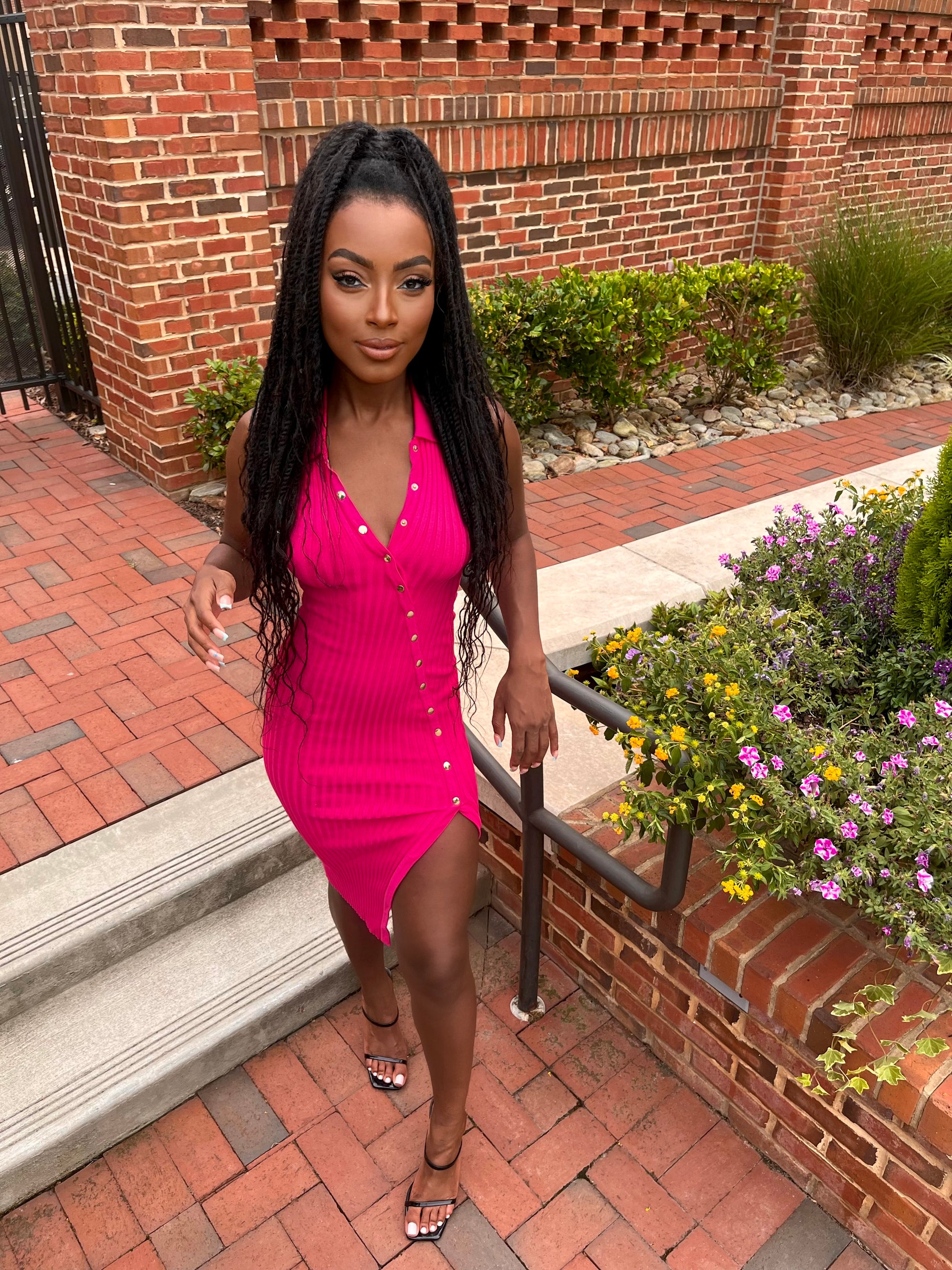 Bianca Hot Pink Button Down Midi Dress
