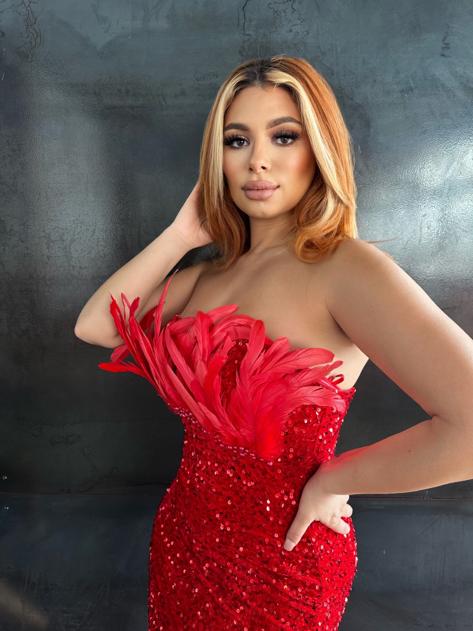 Amara Red Sequin and Feather Mini Dress DOLCE DIVA