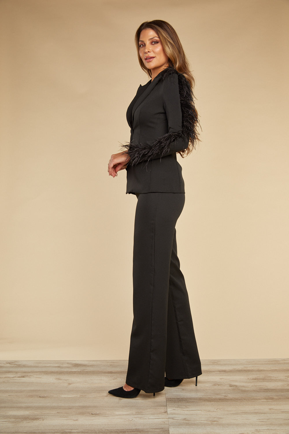 Cearra Black Feather Pant Suit