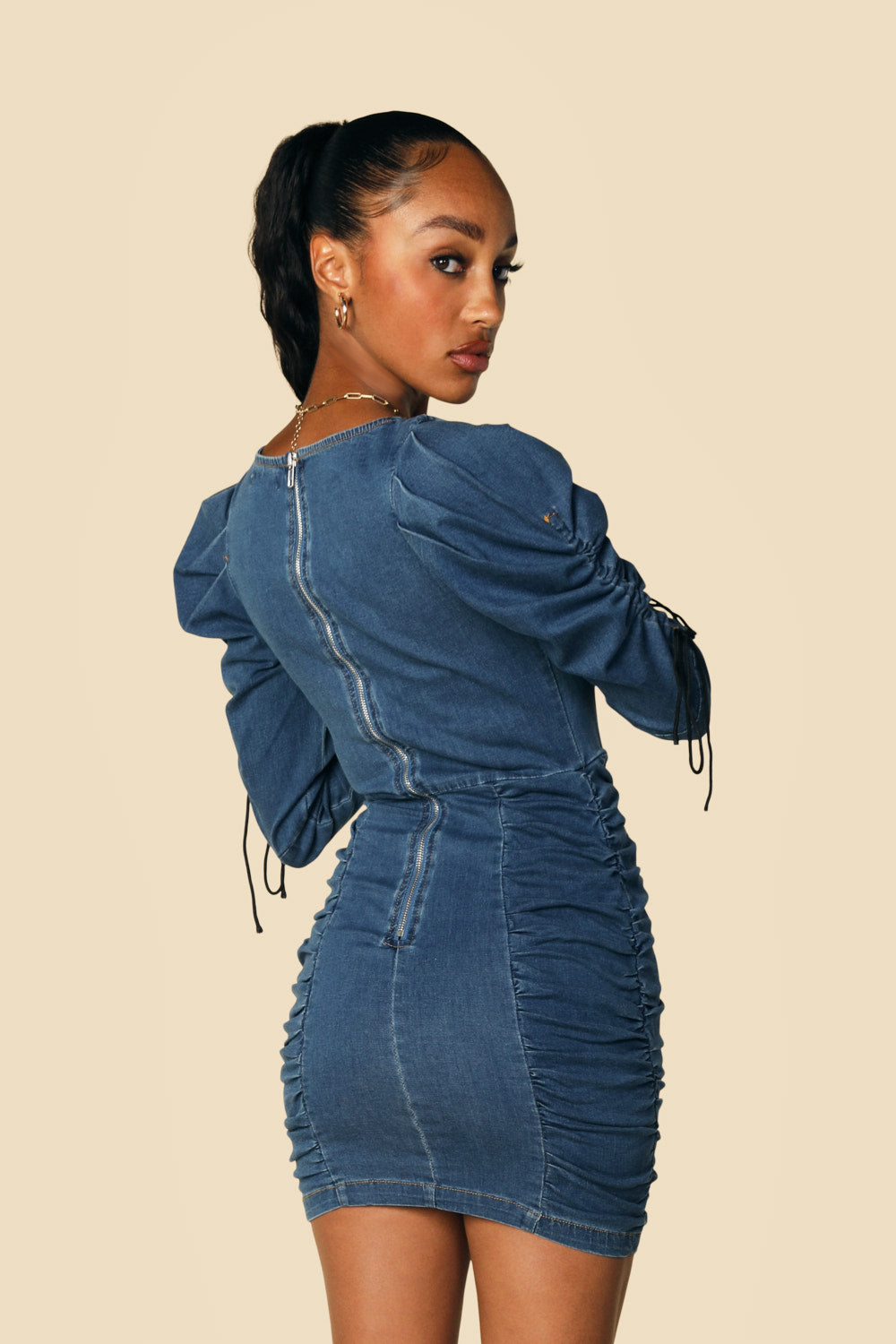 NICOLE RUCHED DENIM DRESS - DOLCE & DIVA NICOLE RUCHED DENIM DRESS - DOLCE & DIVA