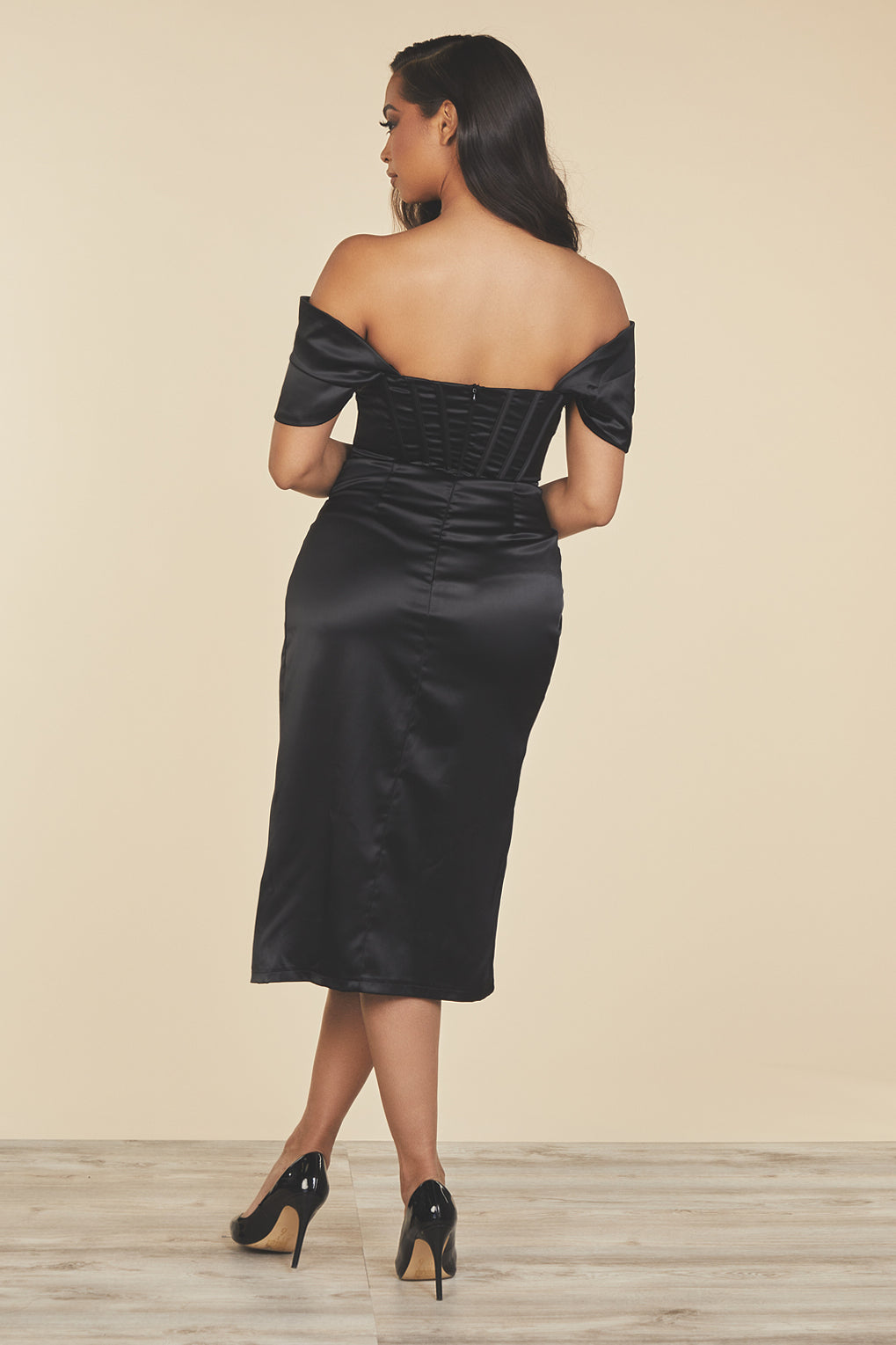 dolceanddiva.serafina.womens.black.satin.corset.off.shoulder.midi.dress