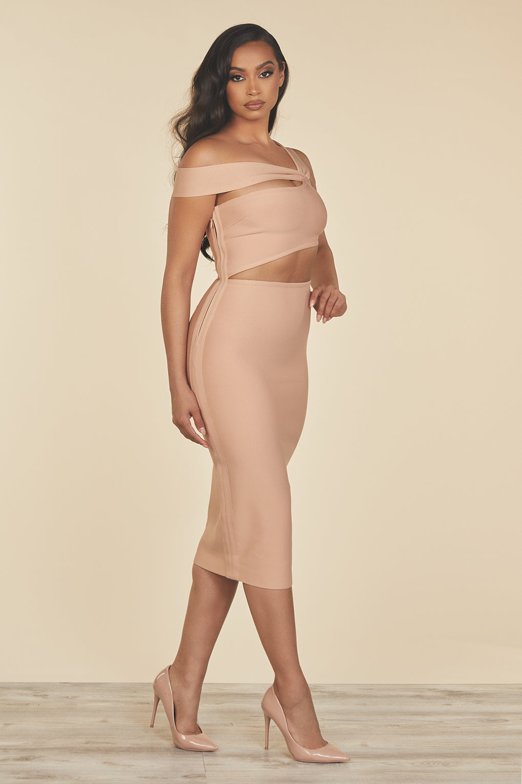 dolceanddiva.luca.beige.cut.out.midi.womens.bandage.dress