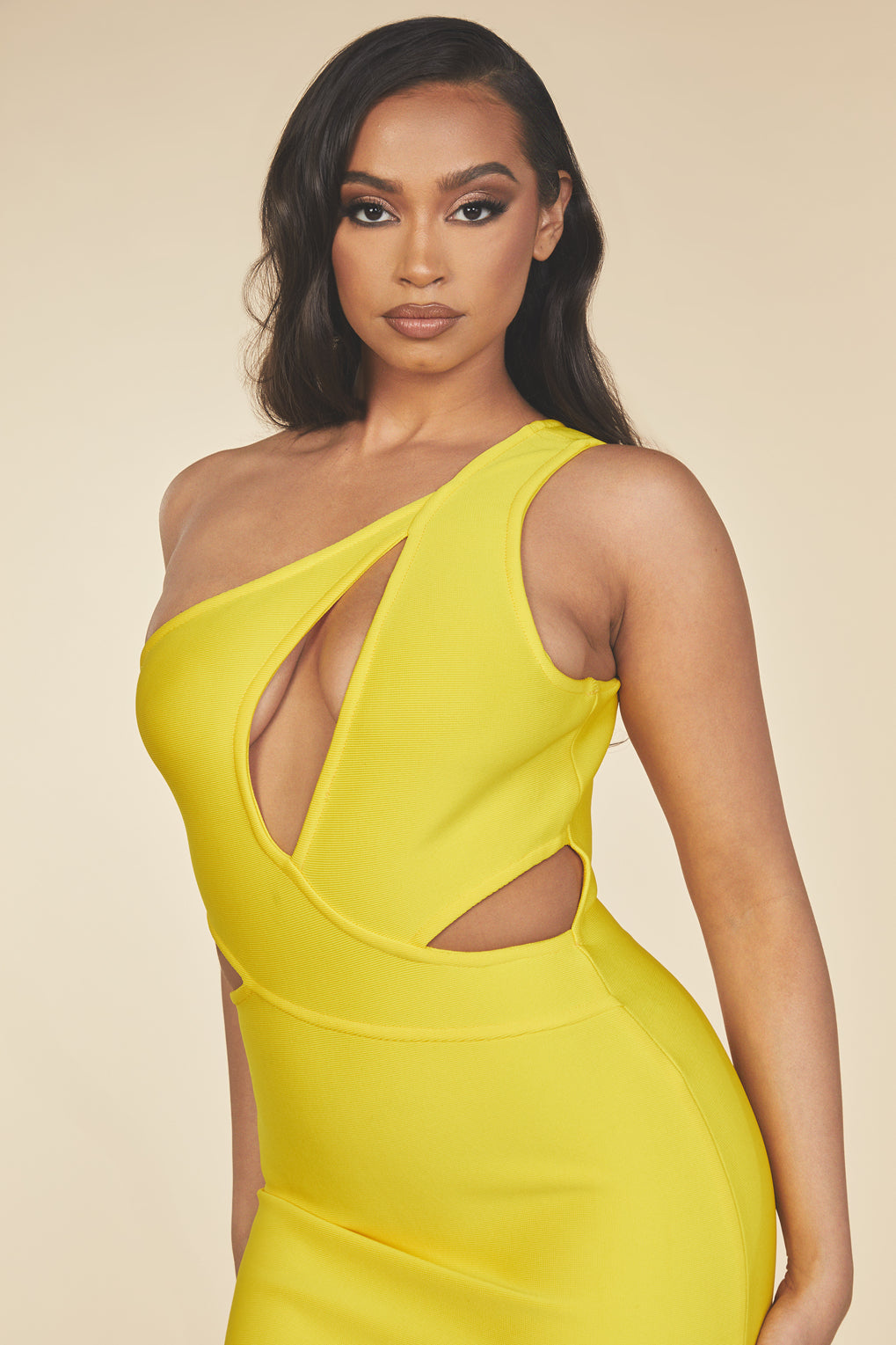 dolceanddiva.mirabella.yellow.cut.out.bandage.womens.mini.dress