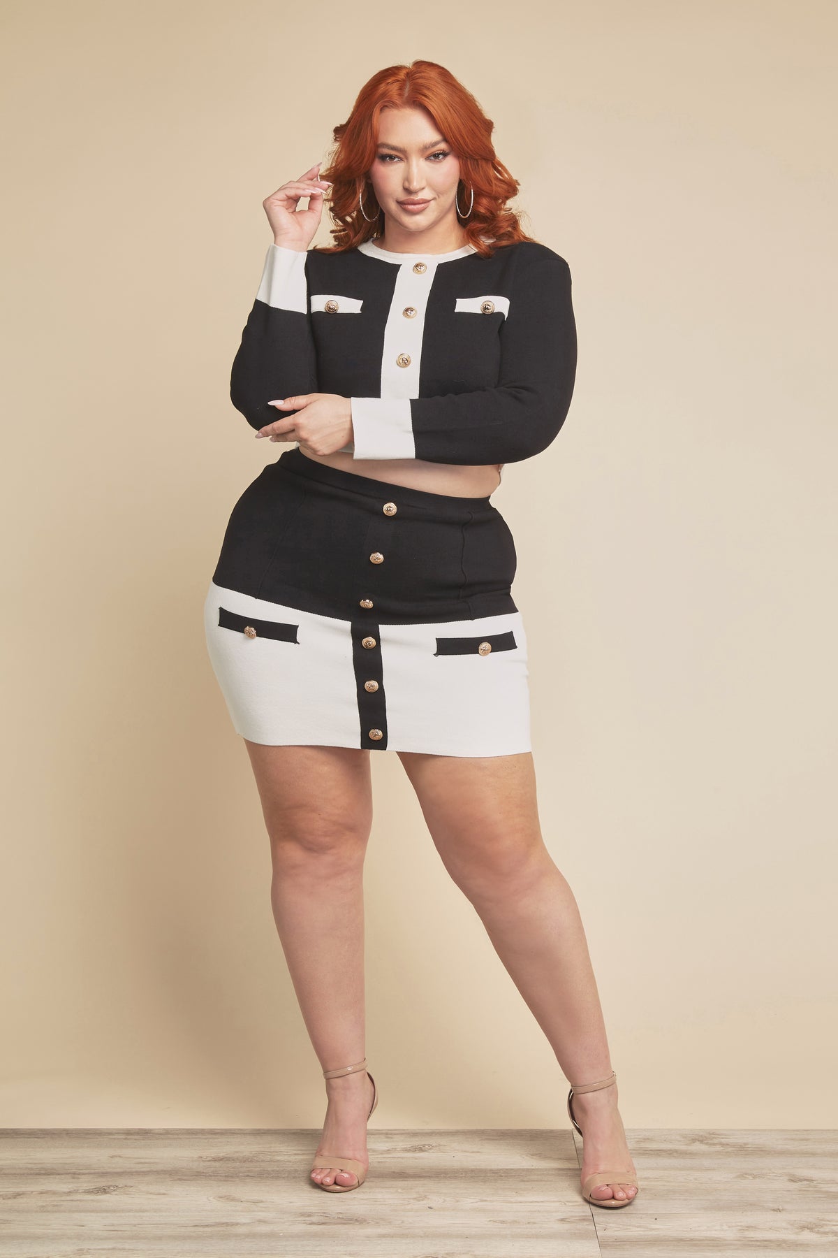 Andrea Curvy Black and White 2 Piece Skirt Set