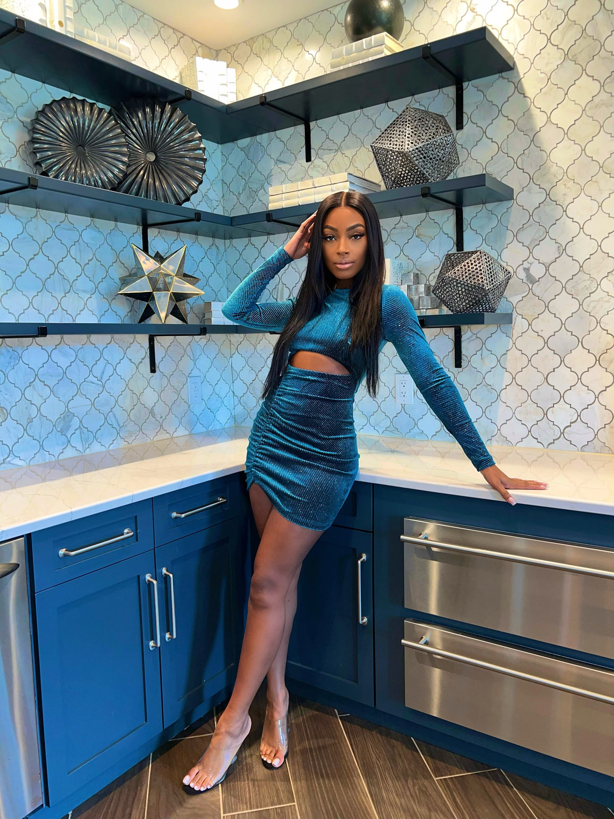 Teal Glitter Velvet Dress