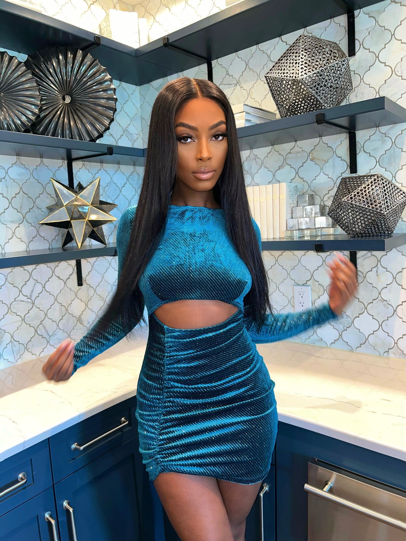 Teal Glitter Velvet Dress