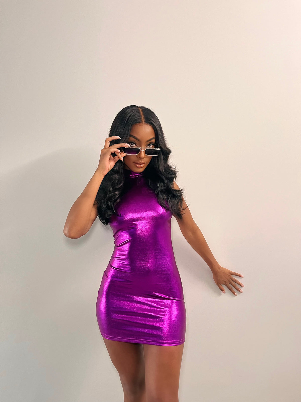purple mini dress Irena Strapless embellished raglan sleeves and flattering ruched detailing along the body Short Metallic Purple Homecoming Dress