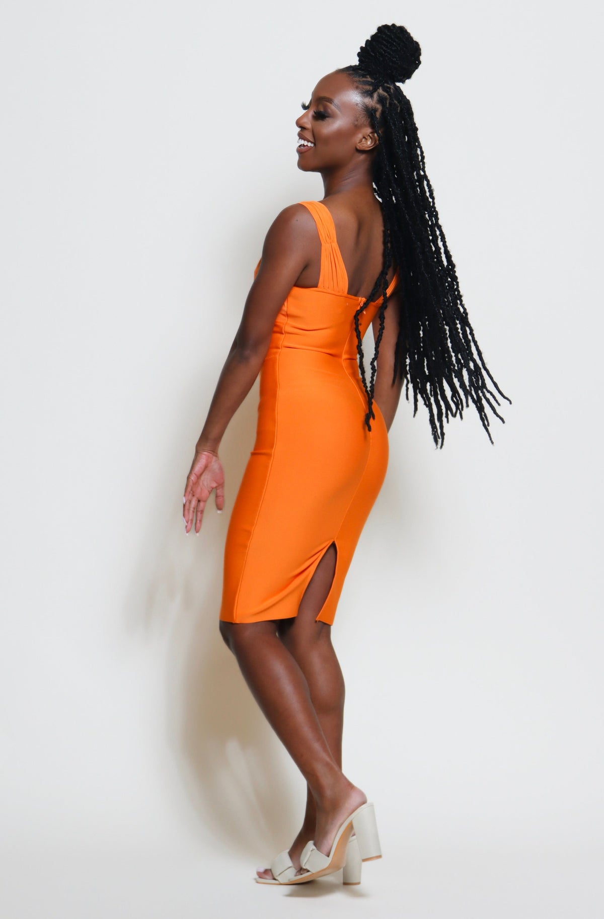 Lauren Orange V-Neck Corset Bandage Dress