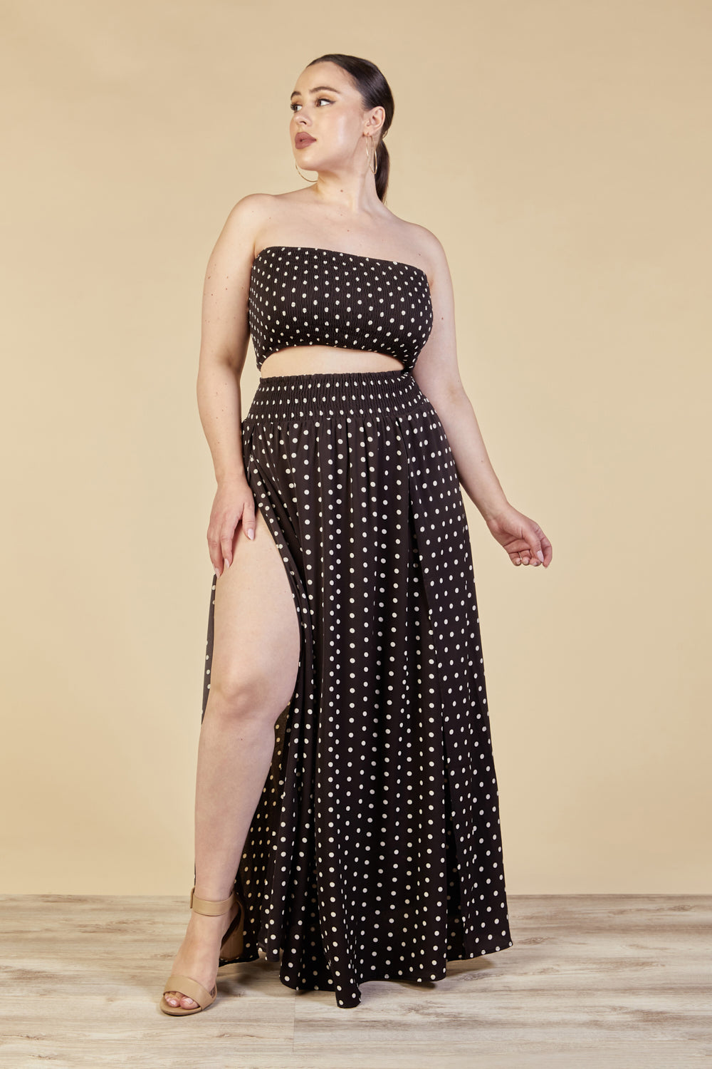 dolceanddiva.womens.audrey.polka.dot.black.two.piece.strapless.skirt.set