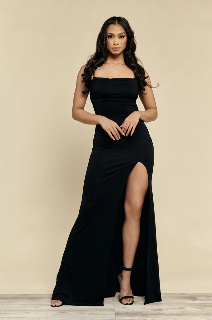 Paola Black High Slit and Lace Gown - DOLCE & DIVA