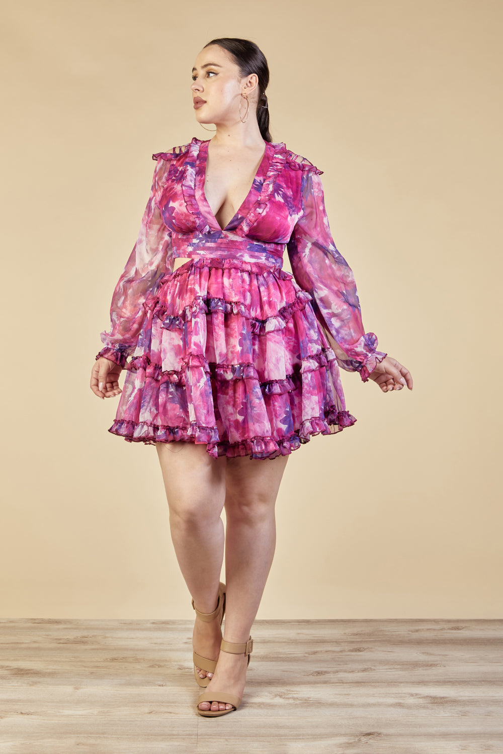 dolceandiva.womens.long.sleeve.floral.pink.cutout.mini.ruffle.dress